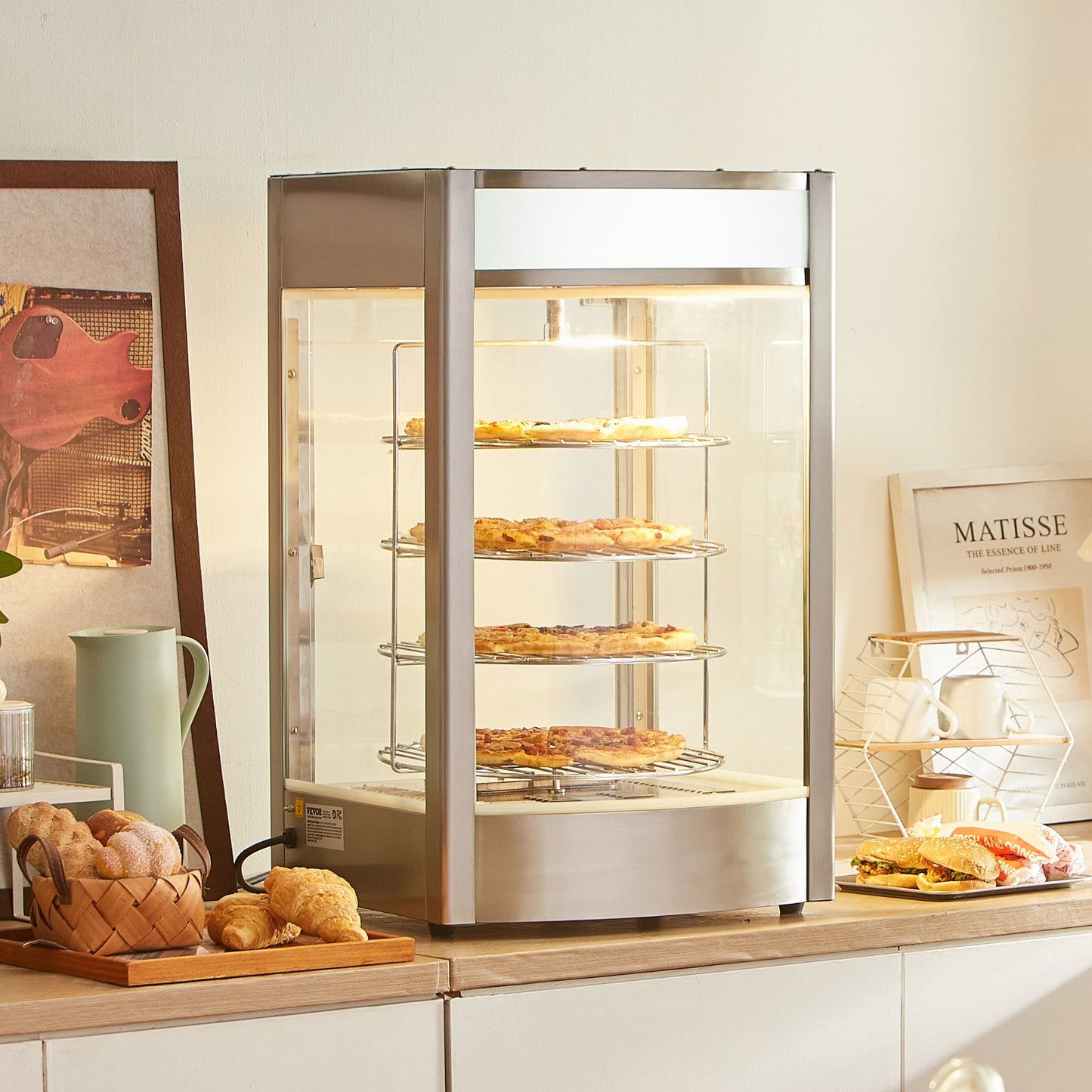 Commercial Food Warmer Display for 14" Pizza, 4-Tier Pizza Warmer with Rotary Steam Heating, 30℃~85℃ Temperature Control and Temp Display, 25W Oven Light + Top LED for Pizza Shop, Restaurant