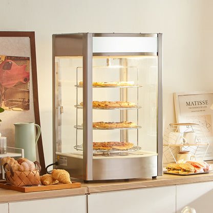 Commercial Food Warmer Display for 14" Pizza, 4-Tier Pizza Warmer with Rotary Steam Heating, 30℃~85℃ Temperature Control and Temp Display, 25W Oven Light + Top LED for Pizza Shop, Restaurant