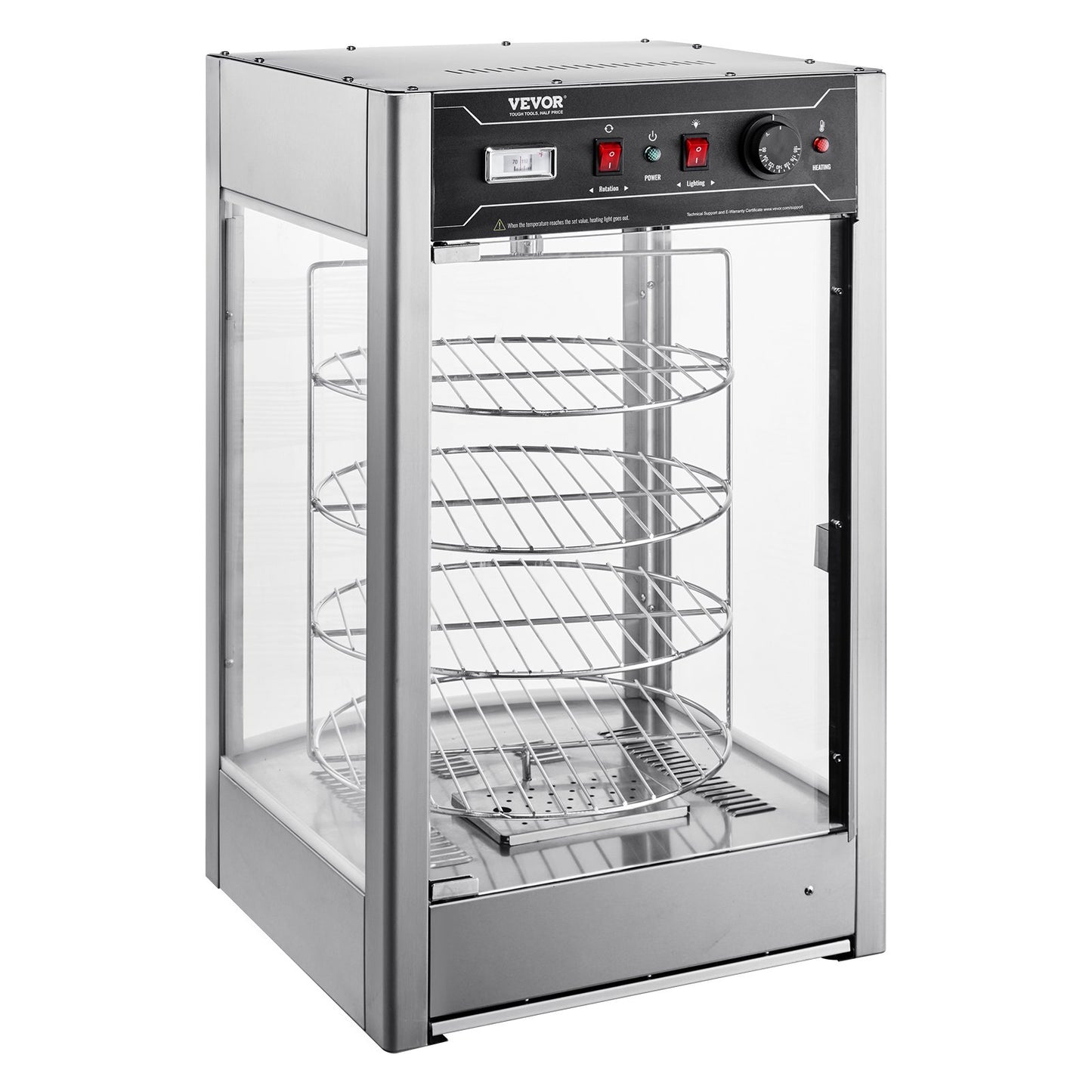 Commercial Food Warmer Display for 14" Pizza, 4-Tier Pizza Warmer with Rotary Steam Heating, 30℃~85℃ Temperature Control and Temp Display, 25W Oven Light + Top LED for Pizza Shop, Restaurant