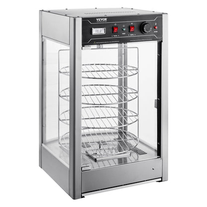 Commercial Food Warmer Display for 14" Pizza, 4-Tier Pizza Warmer with Rotary Steam Heating, 30℃~85℃ Temperature Control and Temp Display, 25W Oven Light + Top LED for Pizza Shop, Restaurant
