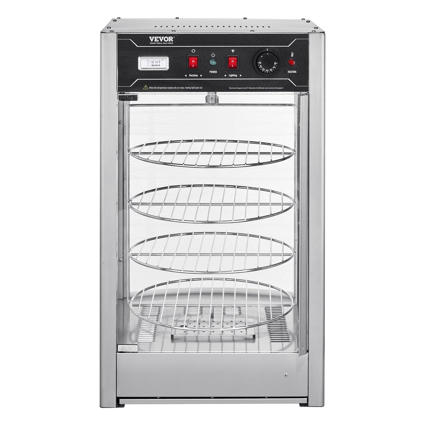 Commercial Food Warmer Display for 14" Pizza, 4-Tier Pizza Warmer with Rotary Steam Heating, 30℃~85℃ Temperature Control and Temp Display, 25W Oven Light + Top LED for Pizza Shop, Restaurant