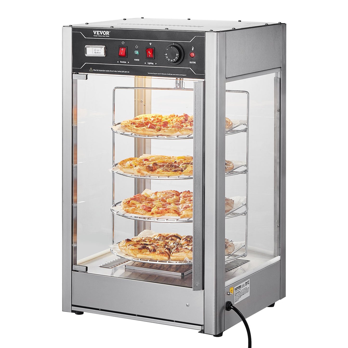 Commercial Food Warmer Display for 14" Pizza, 4-Tier Pizza Warmer with Rotary Steam Heating, 30℃~85℃ Temperature Control and Temp Display, 25W Oven Light + Top LED for Pizza Shop, Restaurant