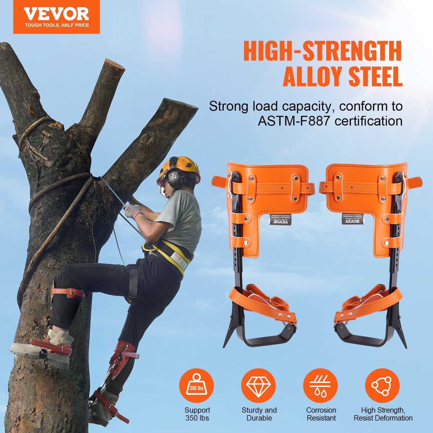 Tree Climbing Spikes Set, 1 Pair Alloy Steel Climbing Spurs with Safety Rope and Safety Harness, 350lbs Load Capacity Tree Climbing Gear, Arborist Equipment for Climbers, Fruit Picking, Orange