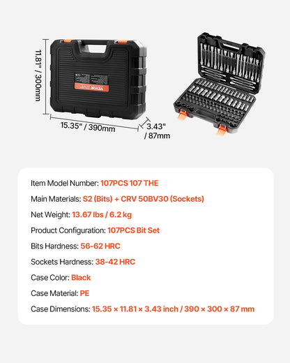 107-teiliger Steckschlüsselsatz (SAE und metrisch), Sechskant/Torx/Außentorx/manipulationssicher/extra lang, aus S2-Legierungsstahl und Chrom-Vanadium-Stahl, 1/4"-, 3/8"- und 1/2"-Antrieb, mit verbessertem Aufbewahrungskoffer, für die Hand.