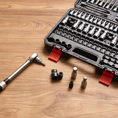 107-teiliger Steckschlüsselsatz (SAE und metrisch), Sechskant/Torx/Außentorx/manipulationssicher/extra lang, aus S2-Legierungsstahl und Chrom-Vanadium-Stahl, 1/4"-, 3/8"- und 1/2"-Antrieb, mit verbessertem Aufbewahrungskoffer, für die Hand.
