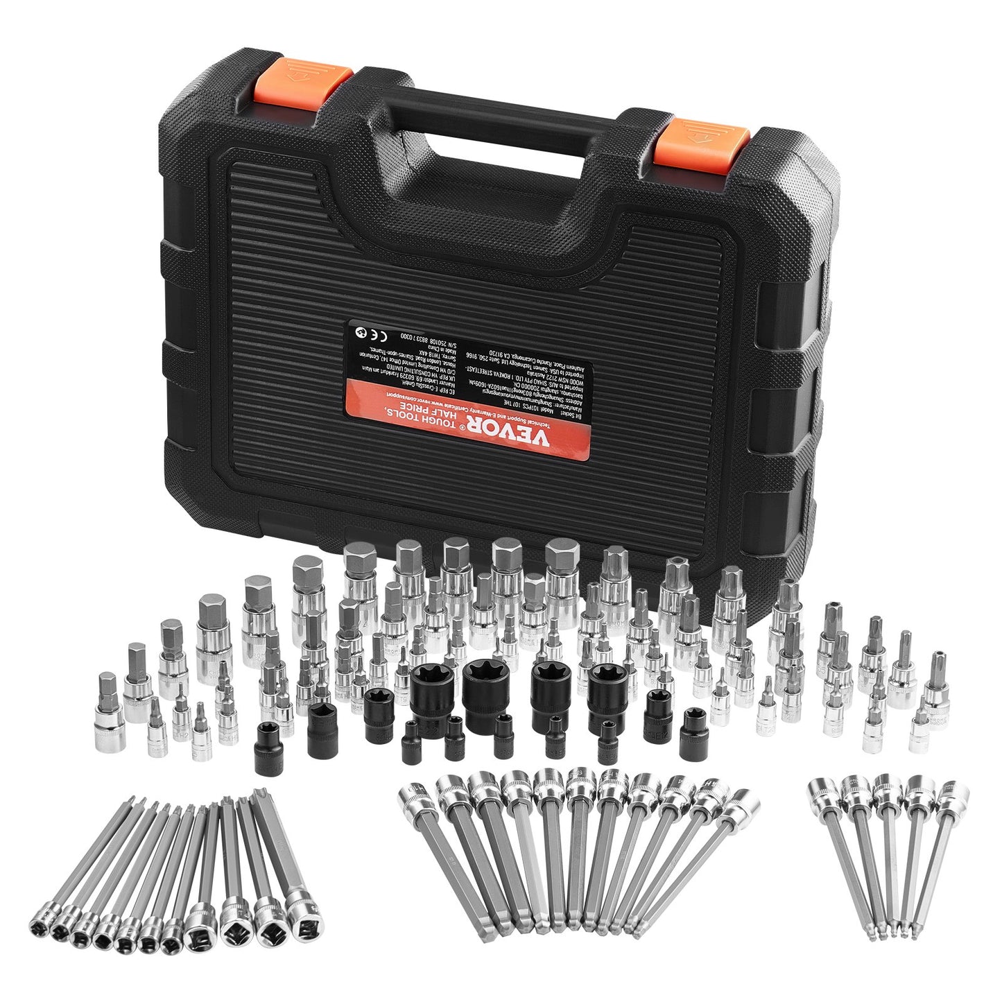 107-teiliger Steckschlüsselsatz (SAE und metrisch), Sechskant/Torx/Außentorx/manipulationssicher/extra lang, aus S2-Legierungsstahl und Chrom-Vanadium-Stahl, 1/4"-, 3/8"- und 1/2"-Antrieb, mit verbessertem Aufbewahrungskoffer, für die Hand.