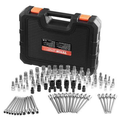 107-teiliger Steckschlüsselsatz (SAE und metrisch), Sechskant/Torx/Außentorx/manipulationssicher/extra lang, aus S2-Legierungsstahl und Chrom-Vanadium-Stahl, 1/4"-, 3/8"- und 1/2"-Antrieb, mit verbessertem Aufbewahrungskoffer, für die Hand.