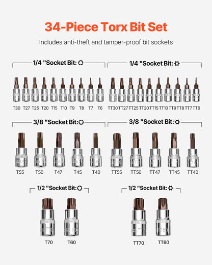 Torx-Bit-Steckschlüsselsatz, 34-teilig, massiv, Stern- und manipulationssicher, T6-T70, S2-Legierungsstahl und Chrom-Vanadium-Stahl, 1/4 Zoll, 3/8 Zoll und 1/2 Zoll Antrieb, mit verbessertem Aufbewahrungskoffer, Torx-Steckschlüssel für die Handverwendung