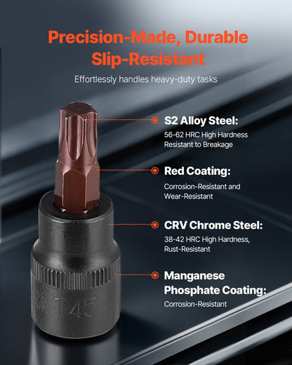 Torx-Bit-Steckschlüssel- und Außentorx-Steckschlüsselsatz, 31-teilig (T8-T70 und E4-E24), aus S2-Legierungsstahl und Chrom-Vanadium-Stahl, 1/4"-, 3/8"- und 1/2"-Antrieb, mit Adapter und verbessertem Aufbewahrungskoffer, für Kfz-Anwendungen