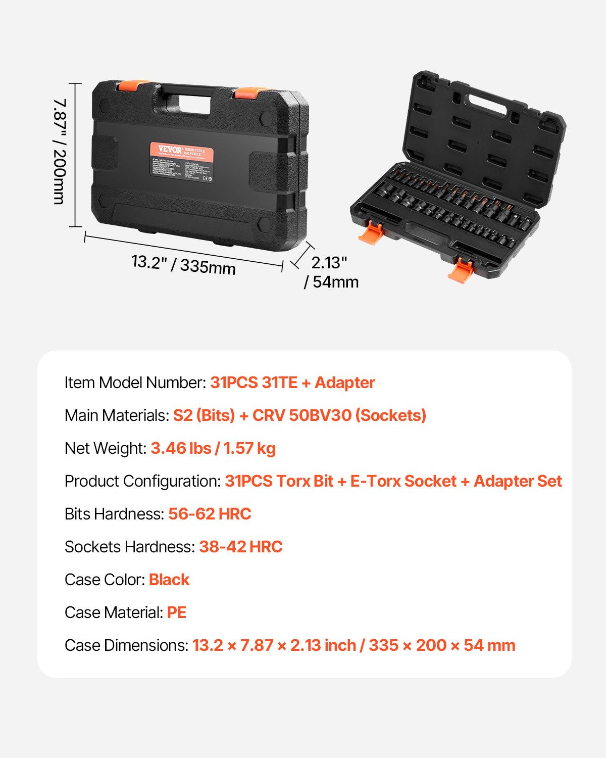 Torx-Bit-Steckschlüssel- und Außentorx-Steckschlüsselsatz, 31-teilig (T8-T70 und E4-E24), aus S2-Legierungsstahl und Chrom-Vanadium-Stahl, 1/4"-, 3/8"- und 1/2"-Antrieb, mit Adapter und verbessertem Aufbewahrungskoffer, für Kfz-Anwendungen