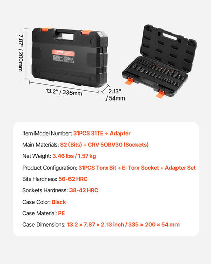 Torx-Bit-Steckschlüssel- und Außentorx-Steckschlüsselsatz, 31-teilig (T8-T70 und E4-E24), aus S2-Legierungsstahl und Chrom-Vanadium-Stahl, 1/4"-, 3/8"- und 1/2"-Antrieb, mit Adapter und verbessertem Aufbewahrungskoffer, für Kfz-Anwendungen