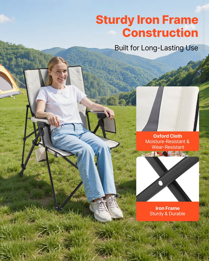 Klappbarer Campingstuhl, 3 Liegepositionen, hoher Rückenlehne, Belastbarkeit 118 kg, komplett gepolsterter Strandstuhl mit Arm- und Kopfstütze, tragbarer Gartenstuhl für Sport und Reisen