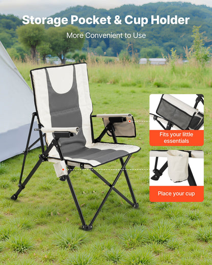 Klappbarer Campingstuhl, 3 Liegepositionen, hoher Rückenlehne, Belastbarkeit 118 kg, komplett gepolsterter Strandstuhl mit Arm- und Kopfstütze, tragbarer Gartenstuhl für Sport und Reisen