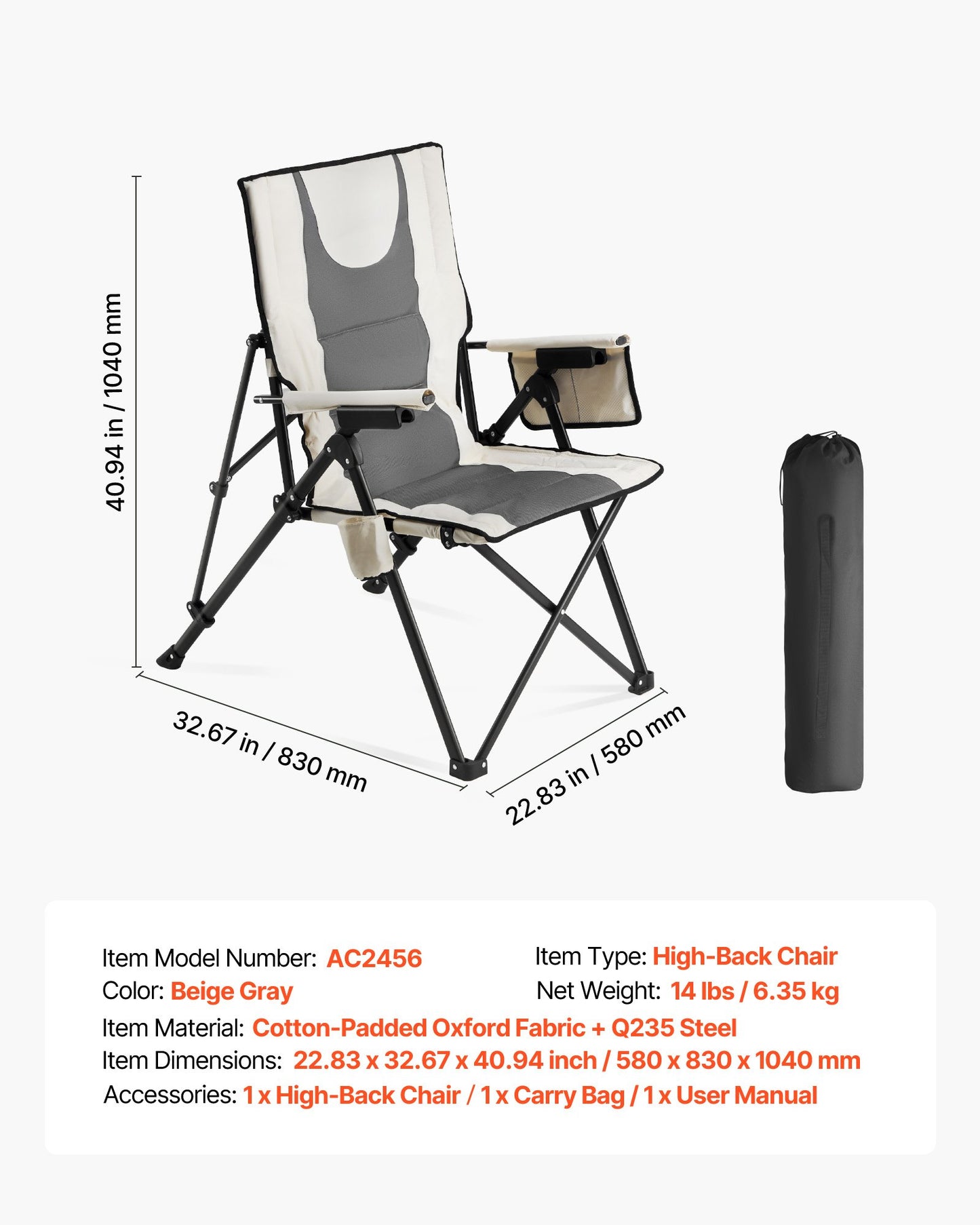 Klappbarer Campingstuhl, 3 Liegepositionen, hoher Rückenlehne, Belastbarkeit 118 kg, komplett gepolsterter Strandstuhl mit Arm- und Kopfstütze, tragbarer Gartenstuhl für Sport und Reisen