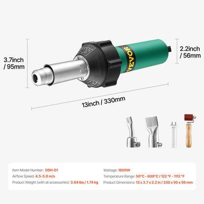 Hot Air Plastic Welder, 1600W Hot Air Torch Pistol, 122-1112℉ PVC TPO Vinyl Heat Gun Welding Torch, Plastic Welding Roofing Kit with 4 Accessories - 2 Nozzles & 1 Seam Roller for PP/PE/PVC Sheet