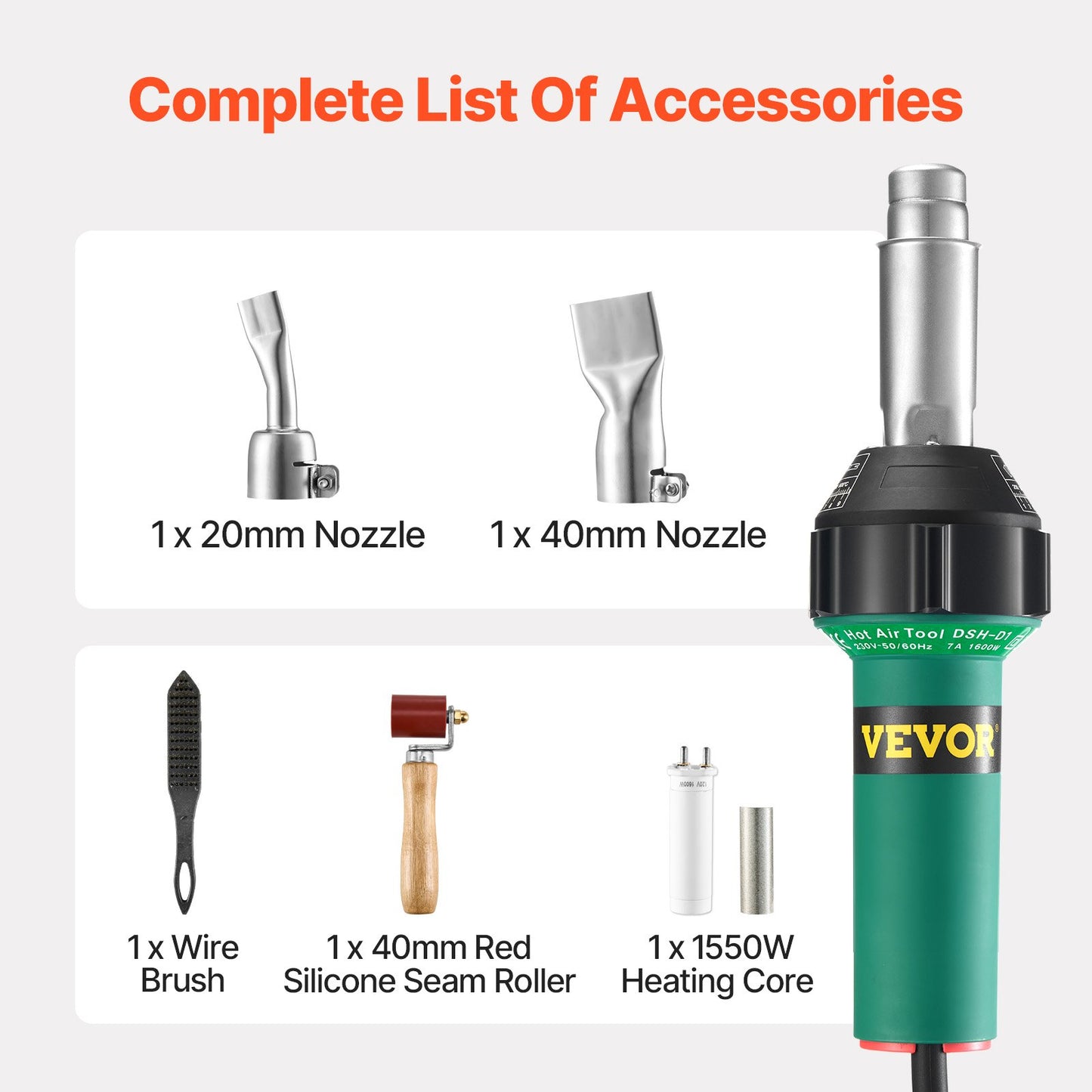 Hot Air Plastic Welder, 1600W Hot Air Torch Pistol, 122-1112℉ PVC TPO Vinyl Heat Gun Welding Torch, 5PCS Plastic Welding Roofing Kit & 2 Flat Nozzles, 1 Seam Roller, Brush for PP/PE/PVC Sheets