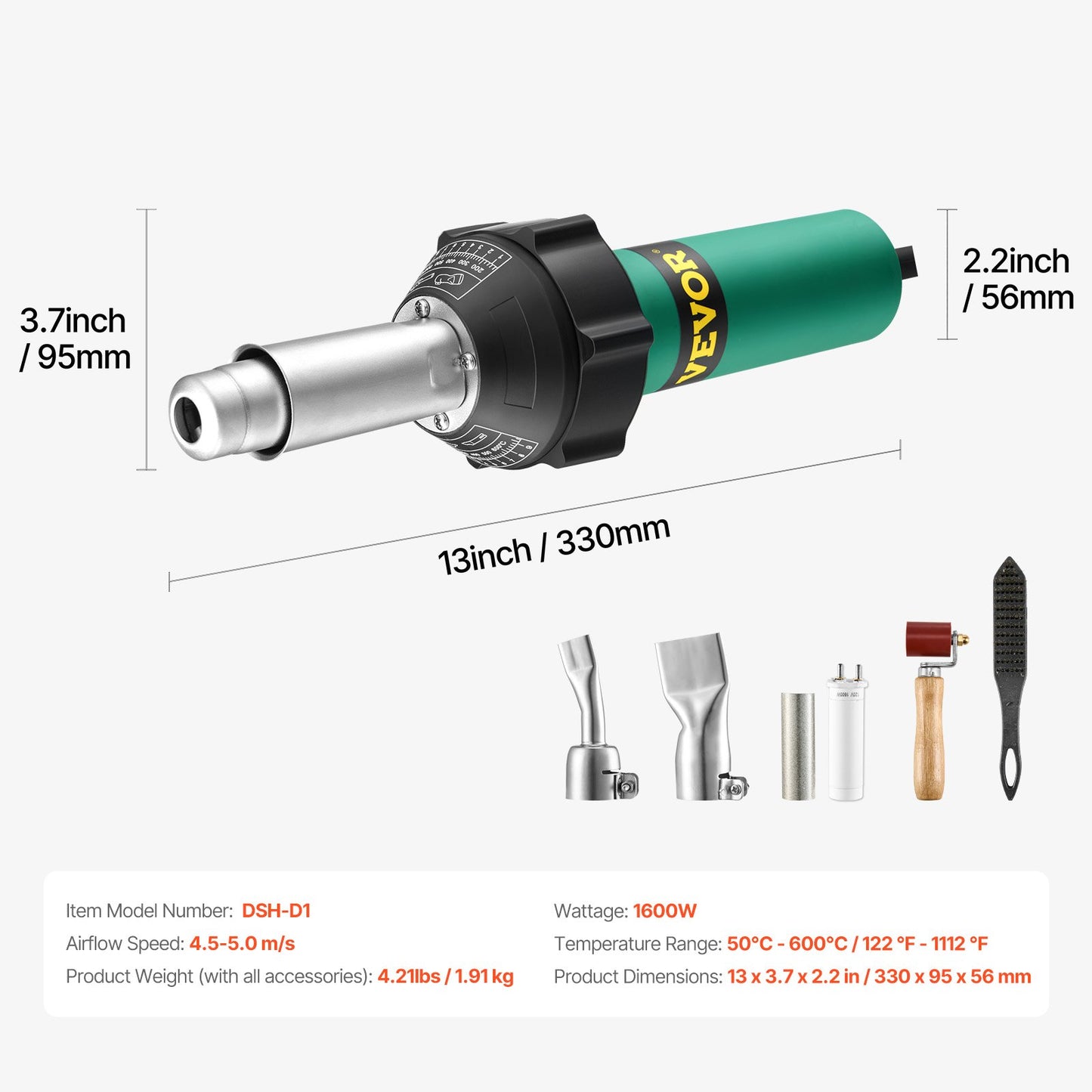 Hot Air Plastic Welder, 1600W Hot Air Torch Pistol, 122-1112℉ PVC TPO Vinyl Heat Gun Welding Torch, 5PCS Plastic Welding Roofing Kit & 2 Flat Nozzles, 1 Seam Roller, Brush for PP/PE/PVC Sheets