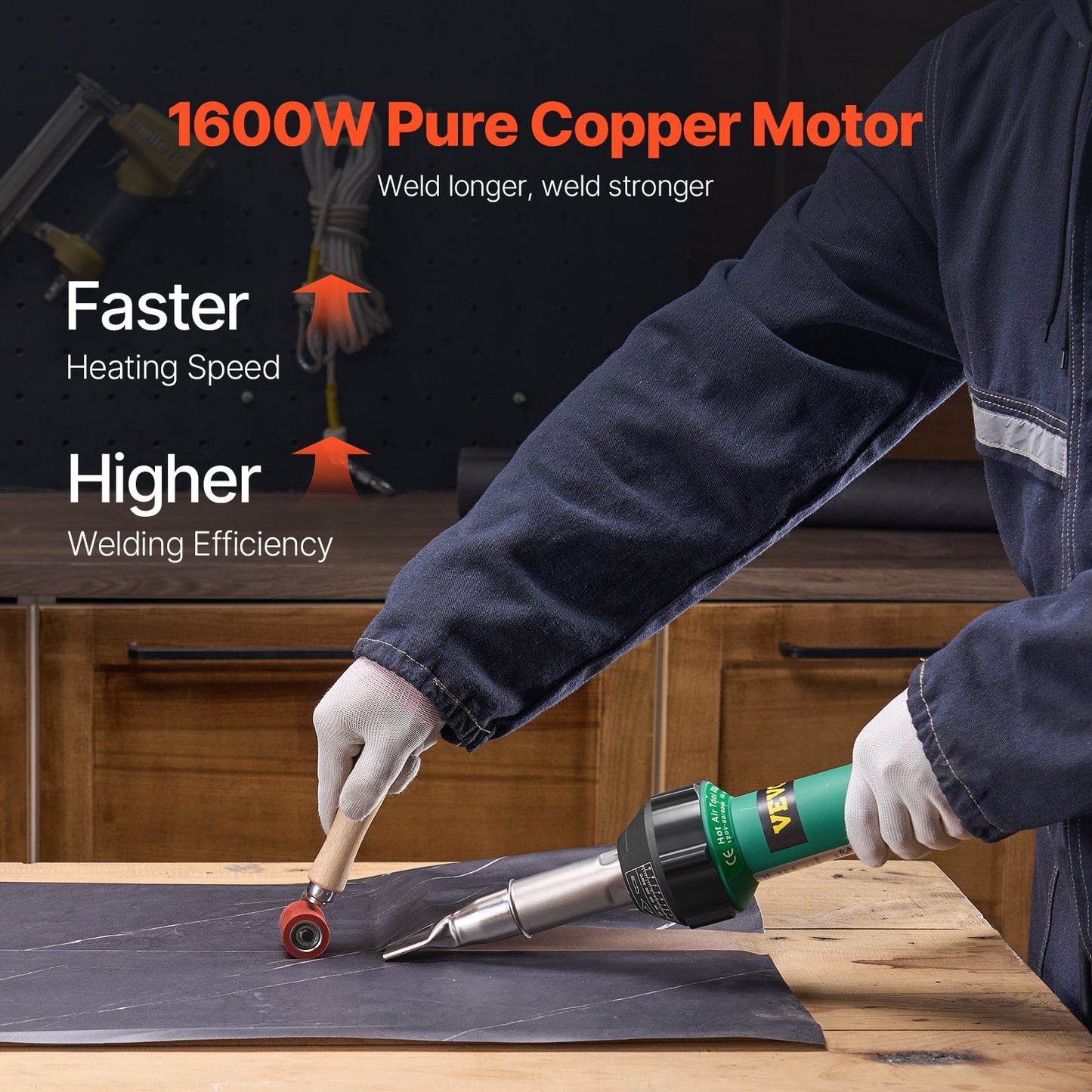 Hot Air Plastic Welder, 1600W Hot Air Torch Pistol, 122-1112℉ PVC TPO Vinyl Heat Gun Welding Torch, Plastic Roofing Welding Kit with 9 Accessories- 4 Nozzles & 4 Seam Rollers for PP/PE/PVC Sheet