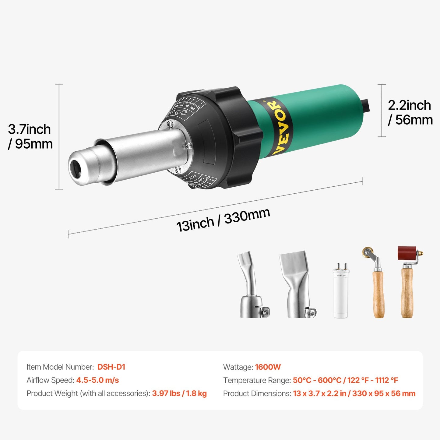 Hot Air Plastic Welder, 1600W Hot Air Torch Pistol, 122-1112℉ PVC TPO Vinyl Heat Gun Welding Torch, Plastic Welding Roofing Kit with 2 Nozzles, Silicone & Copper Seam Roller for PP/PE/PVC Sheet