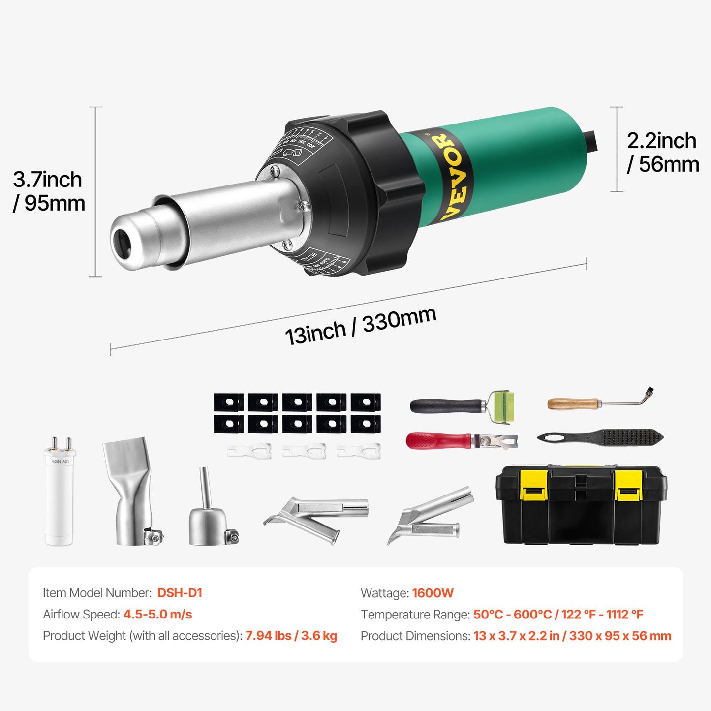 Hot Air Plastic Welder, 1600W Hot Air Torch Pistol, 122-1112℉ PVC TPO Vinyl Heat Gun Welding Torch, Plastic Roofing Welding Kit with 11 Accessories- Toolbox, Nozzle, Roller, Blades for PP/PE/PVC
