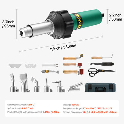 Hot Air Plastic Welder, 1600W Hot Air Torch Pistol, 122-1112℉ PVC TPO Vinyl Heat Gun Welding Torch, Plastic Roofing Welding Kit with 17 Accessories- Toolbox, Nozzle, Roller, Blades for PP/PE/PVC