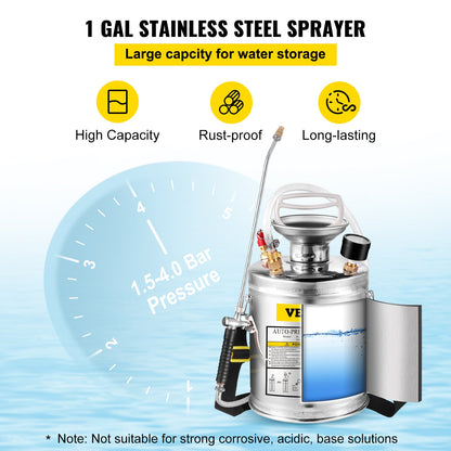 Stainless Steel Sprayer 4L Household Gardening and Floor Cleaning Sprayer, Suitable for the Current Neds of Industry, Agriculture, Commerce, Medicine and Other Industries