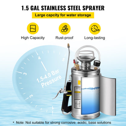 Stainless Steel Sprayer 6L Household Gardening and Floor Cleaning Sprayer, Suitable for the Current Neds of Industry, Agriculture, Commerce, Medicine and Other Industries
