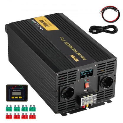 Reiner Sinus-Wechselrichter, 3000 Watt, 24 V DC auf 230 V AC, Kfz-Wechselrichter mit USB-Anschluss, LCD-Display, Fernbedienung und EU-Steckdosen, für Wohnmobile, Lkw, Pkw, Solaranlagen, Reisen und Camping