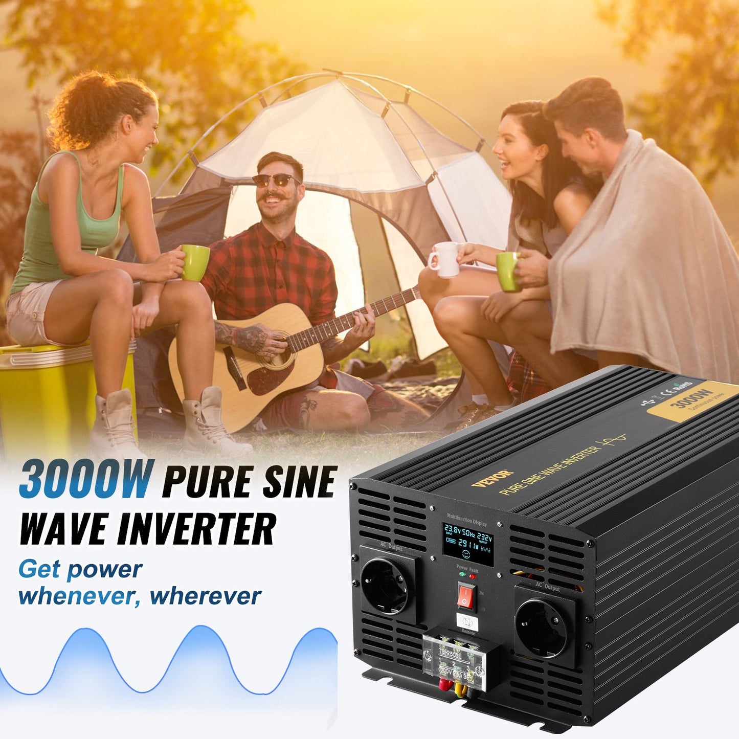 Reiner Sinus-Wechselrichter, 3000 Watt, 24 V DC auf 230 V AC, Kfz-Wechselrichter mit USB-Anschluss, LCD-Display, Fernbedienung und EU-Steckdosen, für Wohnmobile, Lkw, Pkw, Solaranlagen, Reisen und Camping