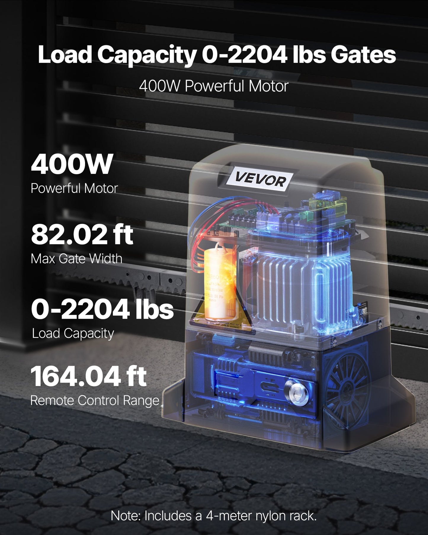 Automatic Gate Opener, 400W Electric Sliding Gate Opener for Doors up to 25m 1000kg, Nylon Gear Rack Rolling Door Motor with Infrared Sensor & 2 Remote Controls, Driveway Gates Opening System