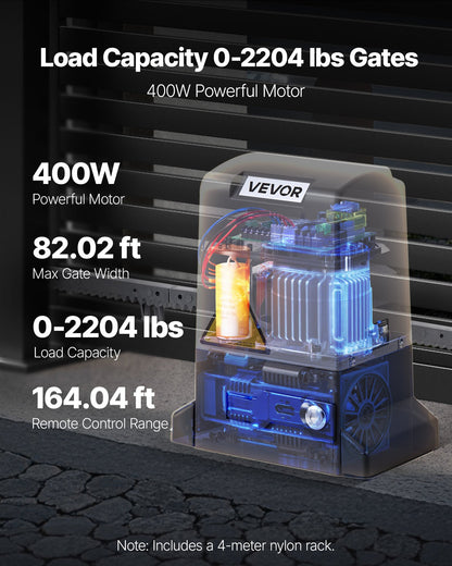 Automatic Gate Opener, 400W Electric Sliding Gate Opener for Doors up to 25m 1000kg, Nylon Gear Rack Rolling Door Motor with Infrared Sensor & 2 Remote Controls, Driveway Gates Opening System