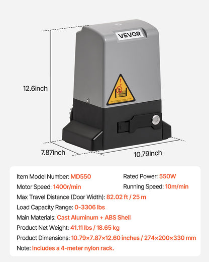 Automatic Gate Opener, 550W Electric Sliding Gate Opener for Doors up to 25m 1500kg, Nylon Gear Rack Rolling Door Motor with Infrared Sensor & 2 Remote Controls, Driveway Gates Opening System
