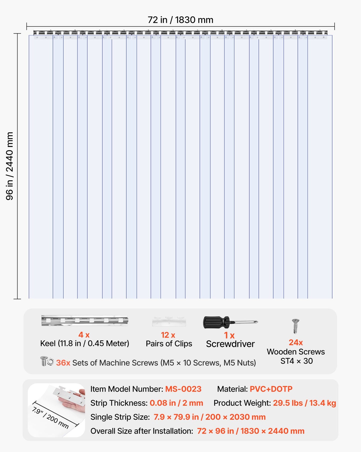 Clear PVC Strip Curtain, 2.4 m Height x 1.8 m Width x 2 mm Thickness, 12 PCS Walk in Freezer Cooler Curtain Strips, Smooth Waterproof Plastic Door Strips for Warehouse, Freezer, Garage Doors