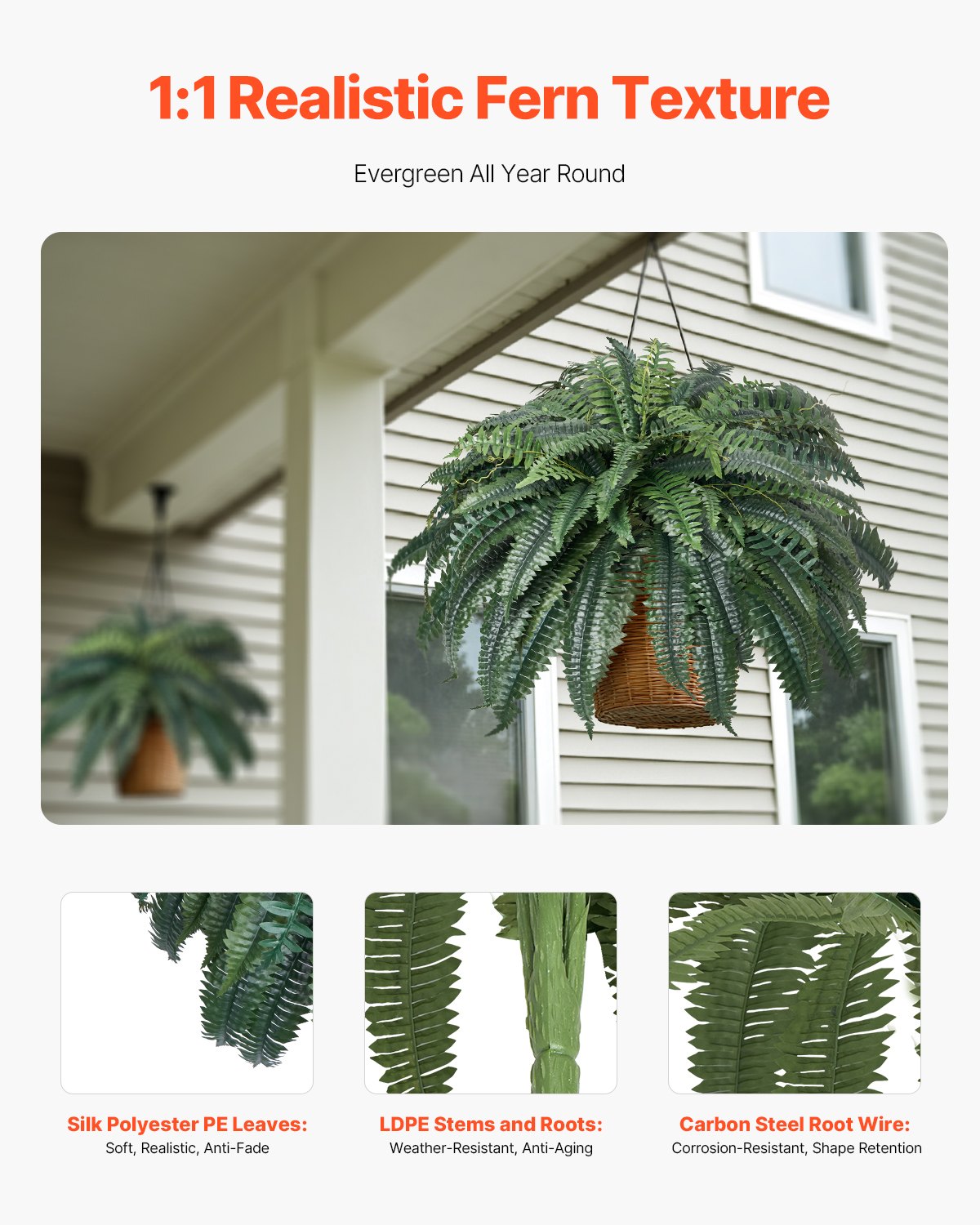 Artificial Ferns, Natural Spread Diameter 43-47 Inch, Large Hanging Artificial Boston Ferns, Fake Plant Wall Decor with 88 Branches, Faux Fern for Home Office and Outdoor (Flowerpot Unincluded)