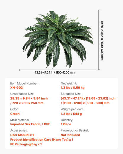 Artificial Ferns, Natural Spread Diameter 43-47 Inch, Large Hanging Artificial Boston Ferns, Fake Plant Wall Decor with 88 Branches, Faux Fern for Home Office and Outdoor (Flowerpot Unincluded)