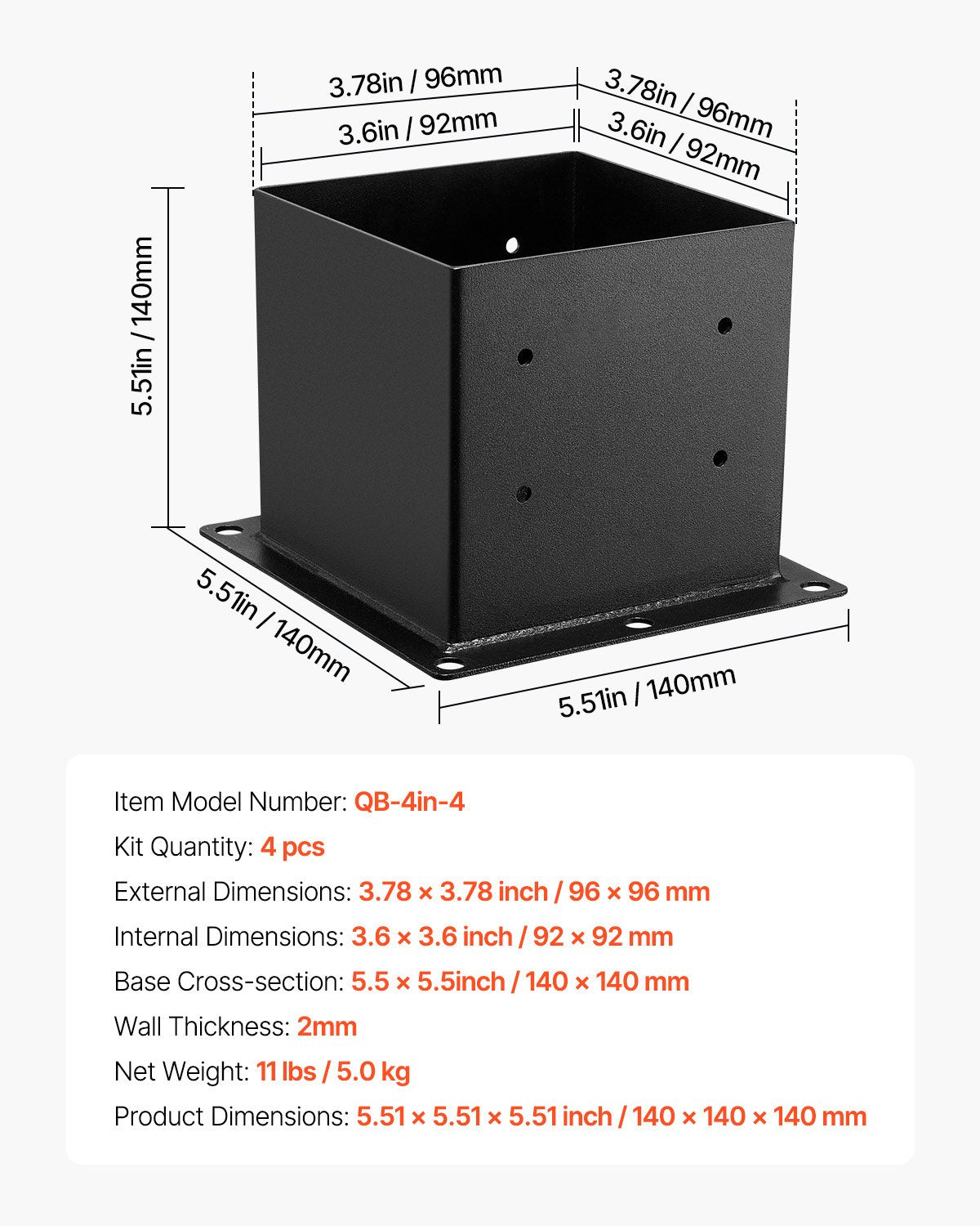 4x4 Post Base 4 Pcs, Inner Size 3.6x3.6 inch / 92x92 mm Post Brackets, Heavy Duty Carbon Steel Decking Posts, Wood Posts Brackets for Pavilion Deck Railing Support Deck Base Plate, Black
