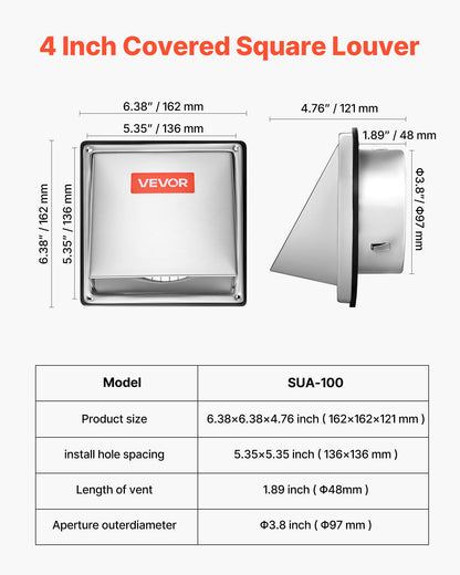 97mm External Extractor Wall Vent Cover, Square AC Vent Gable Cover, Premium Stainless Steel & with Built-in a Protection Screen, for House,Bathroom,Garage,Kitchen,Basement (1 Pack, Silver)