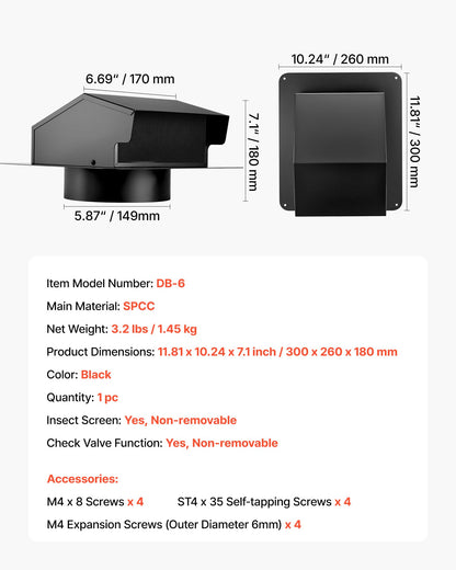149 mm Wandlüftungsabdeckung mit Haube, quadratische Klimaanlagen-Giebelabdeckung, hochwertiger SPCC-Stahl mit integriertem Schutzgitter, für Dächer, Wände, Abluftöffnungen im Außenbereich (1 Stück, Schwarz)