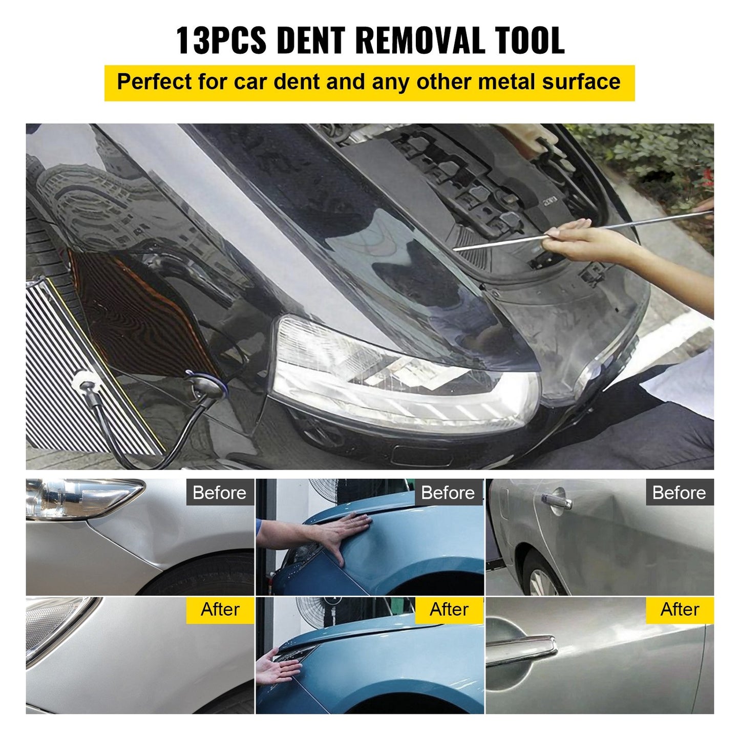Rods Dent Removal Kit, 13 Pcs Paintless Dent Repair Tool, 5 Pcs Stainless Steel Dent Rods, 8 Pcs Tapper Heads, Professional Hail Dent Removal Tool for Minor Dents, Door Dings and Hail Damage
