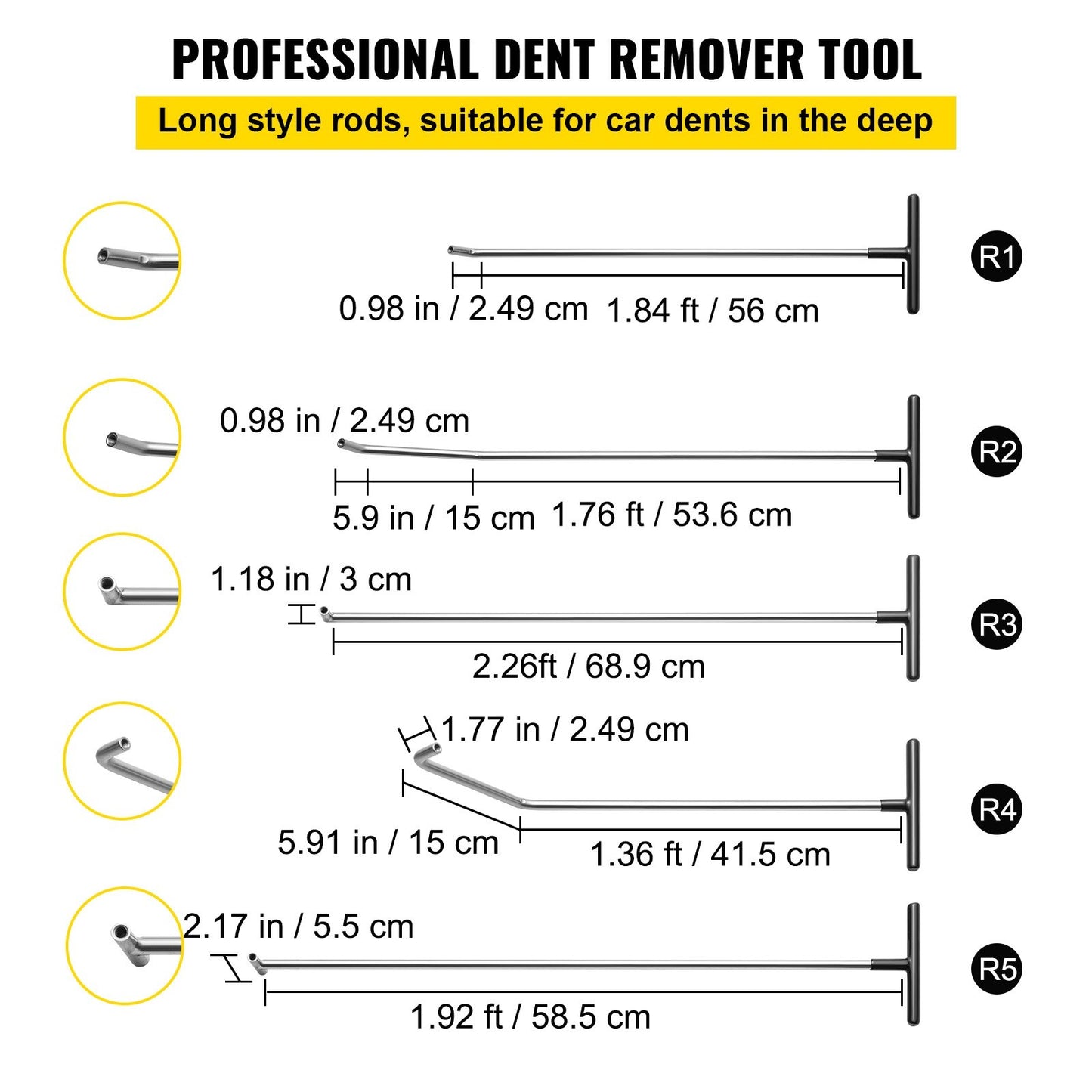 Rods Dent Removal Kit, 13 Pcs Paintless Dent Repair Tool, 5 Pcs Stainless Steel Dent Rods, 8 Pcs Tapper Heads, Professional Hail Dent Removal Tool for Minor Dents, Door Dings and Hail Damage