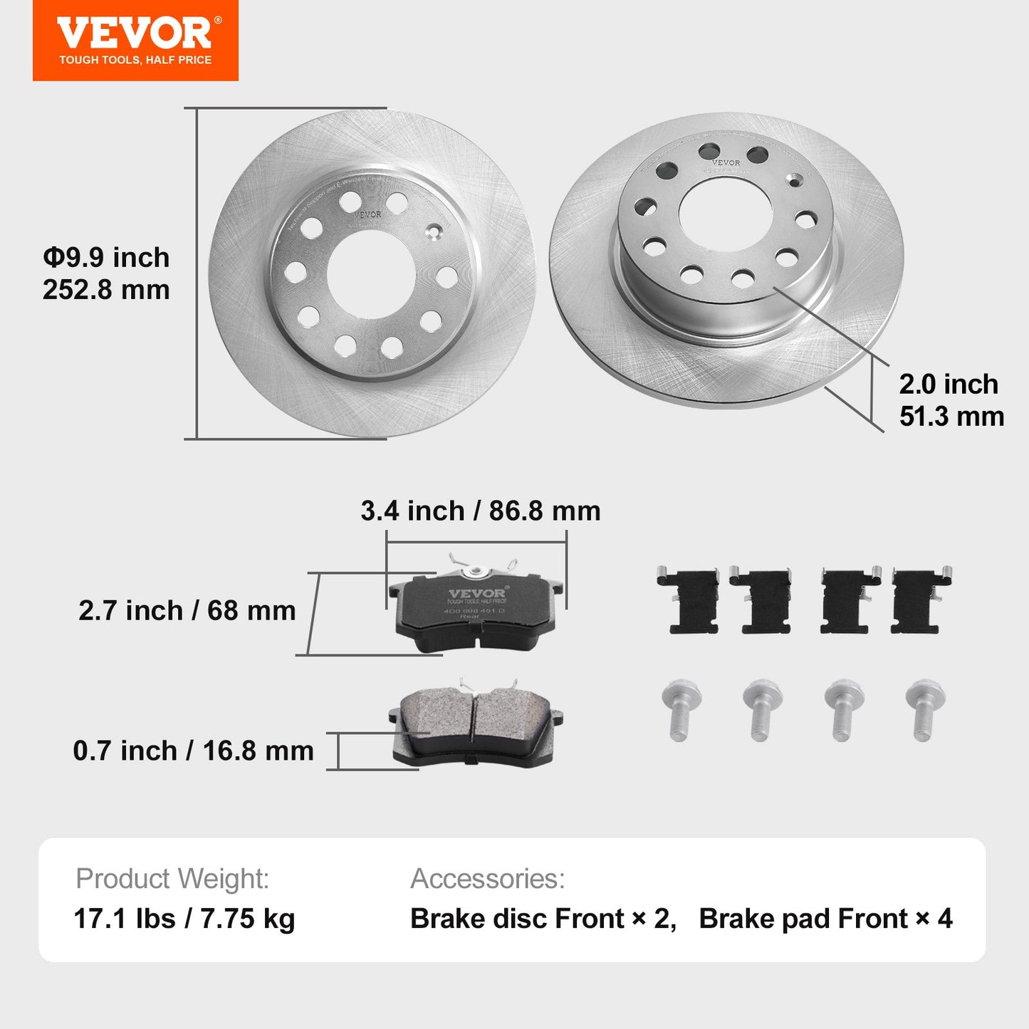Rear Brake Kit Compatible with Audi A3 (8P), VW Golf 5 6, Seat LEON, SKODA OCTAVIA, ALTEA, Brake Rotors Ceramic Brake Pads Replacement Kit, 253mm Rear Rotors