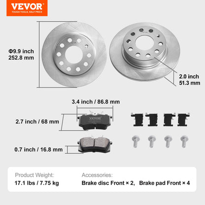 Rear Brake Kit Compatible with Audi A3 (8P), VW Golf 5 6, Seat LEON, SKODA OCTAVIA, ALTEA, Brake Rotors Ceramic Brake Pads Replacement Kit, 253mm Rear Rotors