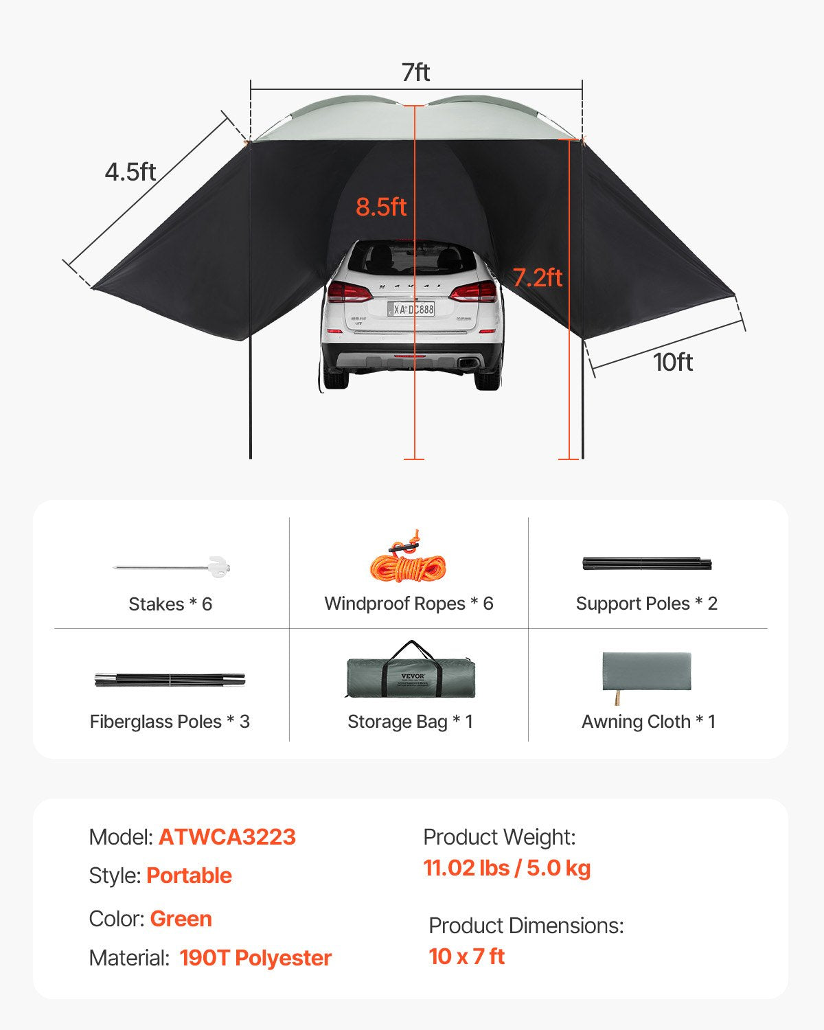 Fahrzeugmarkise, große 3 x 2,1 m (10' x 7') Seitenmarkise mit Sonnenschutz, PU2000 mm UV50+ Automarkise mit ausziehbaren Seitendächern und tragbarer Aufbewahrungstasche, geeignet für LKW, SUV, Van, Wohnmobile