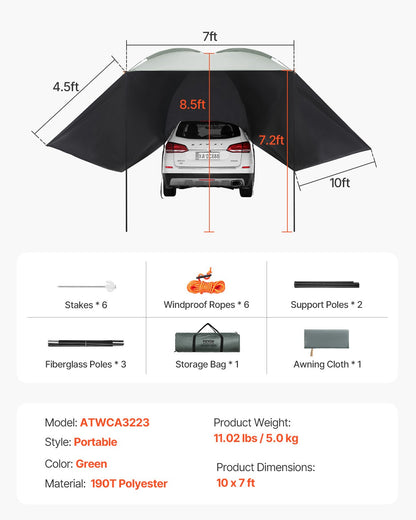Fahrzeugmarkise, große 3 x 2,1 m (10' x 7') Seitenmarkise mit Sonnenschutz, PU2000 mm UV50+ Automarkise mit ausziehbaren Seitendächern und tragbarer Aufbewahrungstasche, geeignet für LKW, SUV, Van, Wohnmobile