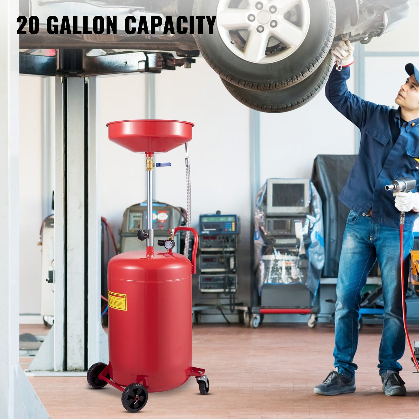 Waste Oil Drain Tank 80 L Portable Oil Drain Air Operated Drainer Oil Change, Oil Drain Container, Fluid Fuel Transfer Drainage Adjustable Funnel Height, with Pressure Regulating Valve