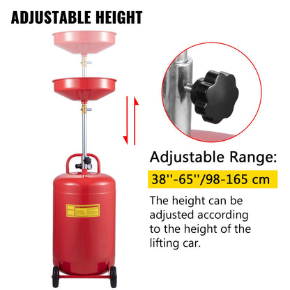 Waste Oil Drain Tank 80 L Portable Oil Drain Air Operated Drainer Oil Change, Oil Drain Container, Fluid Fuel Transfer Drainage Adjustable Funnel Height, with Pressure Regulating Valve