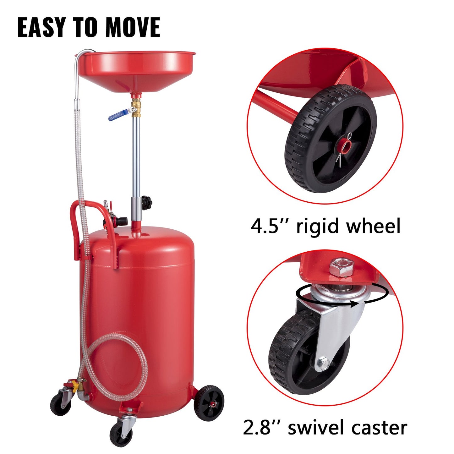 Waste Oil Drain Tank 80 L Portable Oil Drain Air Operated Drainer Oil Change, Oil Drain Container, Fluid Fuel Transfer Drainage Adjustable Funnel Height, with Pressure Regulating Valve