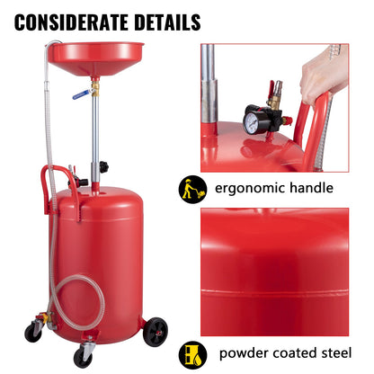 Waste Oil Drain Tank 80 L Portable Oil Drain Air Operated Drainer Oil Change, Oil Drain Container, Fluid Fuel Transfer Drainage Adjustable Funnel Height, with Pressure Regulating Valve