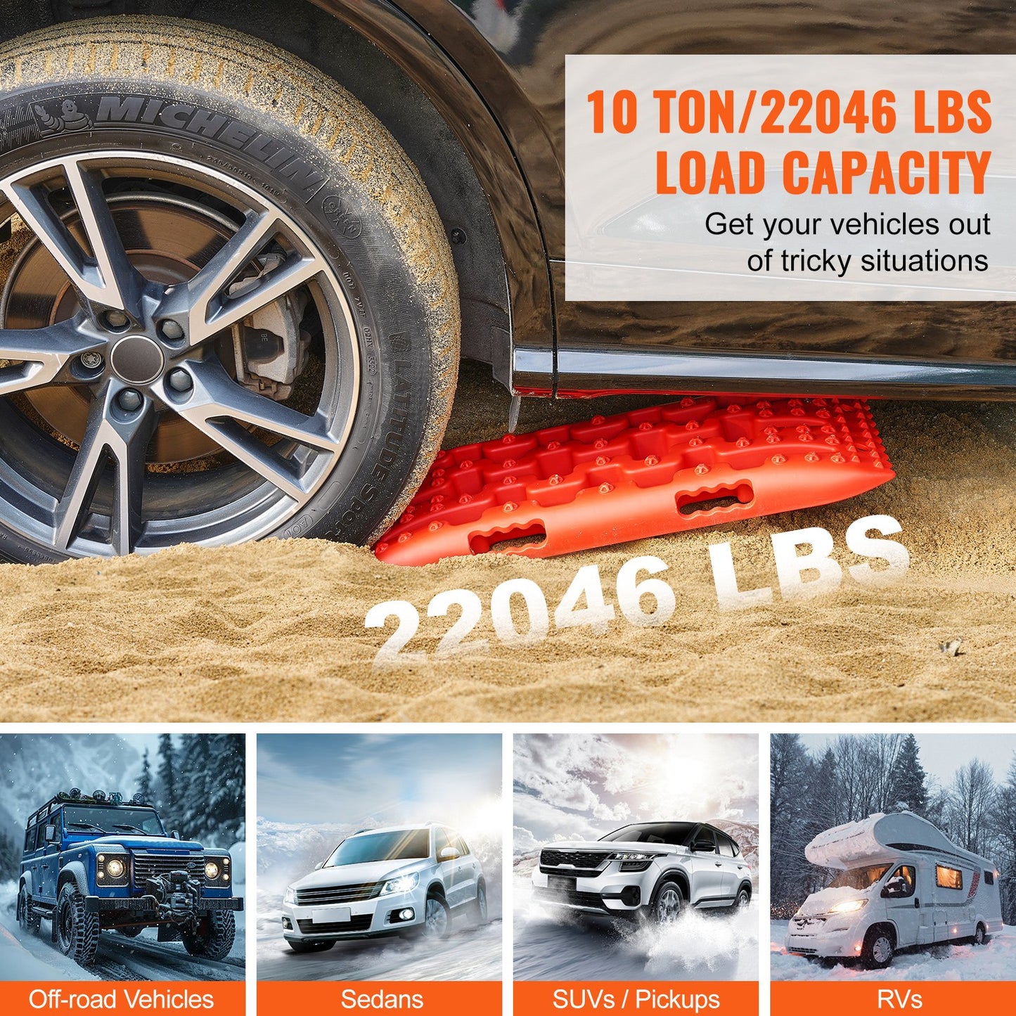 10-Tonnen-Traktionsmatten aus PP-Material, Bergungsmatten für Geländewagen/Pkw/Pickups/SUVs/Wohnmobile, Reifentraktionsmatten (Paar) für Schnee, Sand, Schlamm und loses Gelände, Aufbewahrungstasche, kurz, rot