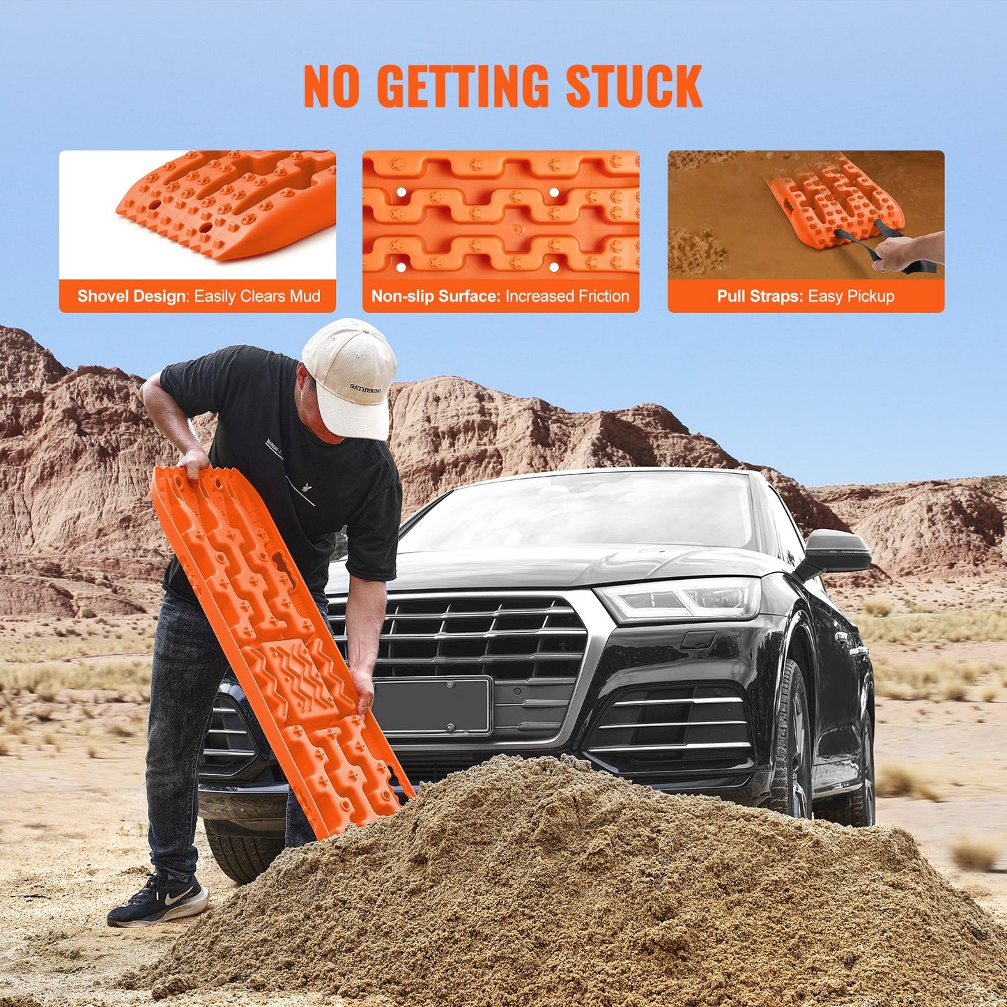 10 Tonnen Traktionsmatten aus PP-Material, Bergungsmatten für Geländewagen/Pkw/Pickups/SUVs/Wohnmobile, Reifentraktionsmatten (Paar) für Schnee, Sand, Schlamm und loses Gelände, Aufbewahrungstasche, lang, orange